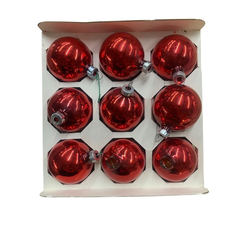 Vintage Essex Frankie Red‎ Glass Christmas Ornaments Set of 9 in Box USA